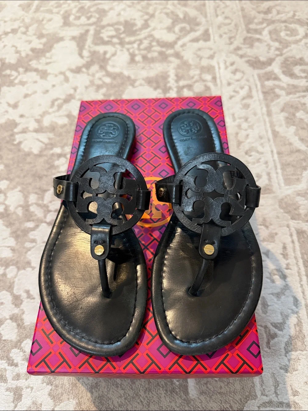 Tory Burch Black Miller Logo Leather Thong Sandals